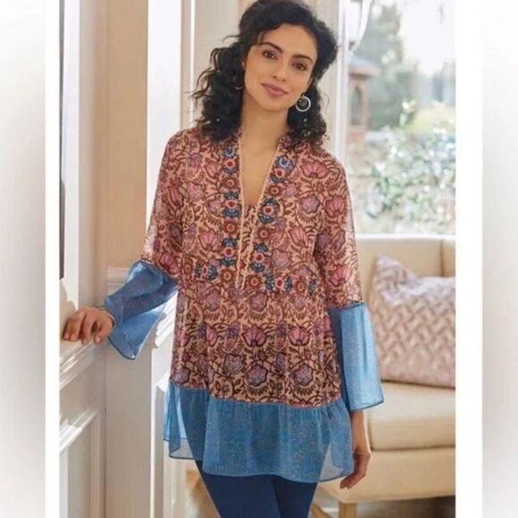 Soft Surroundings Pergola Blue Pink Floral Embroidered Sparkle Peasant Blouse - Picture 1 of 15